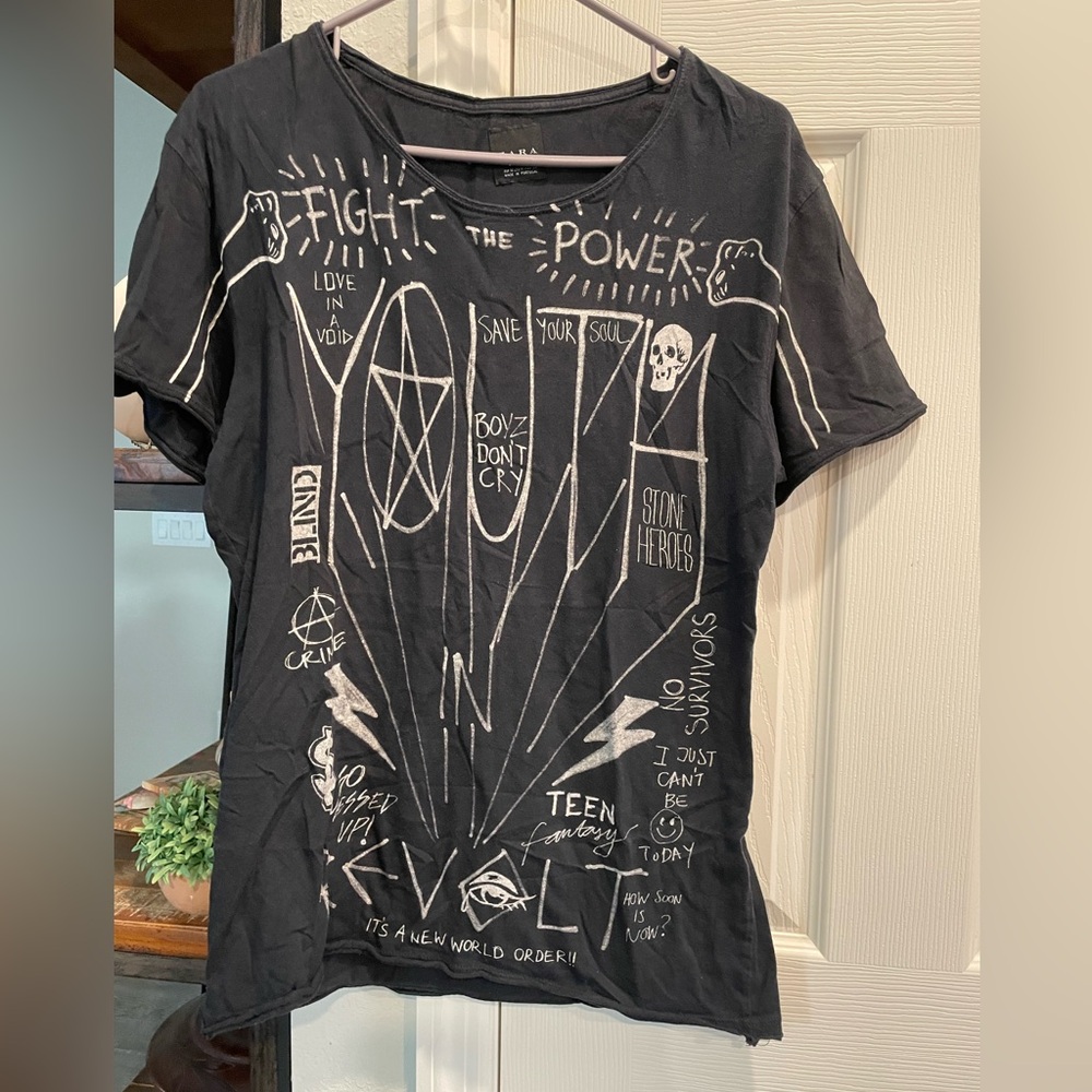 Zara Collection Lucid Black T Shirt Youth men power skulls white chalk Graphics
